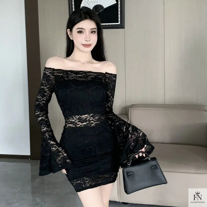 Off Shoulder Lace Mini Dress - Fashionnsio