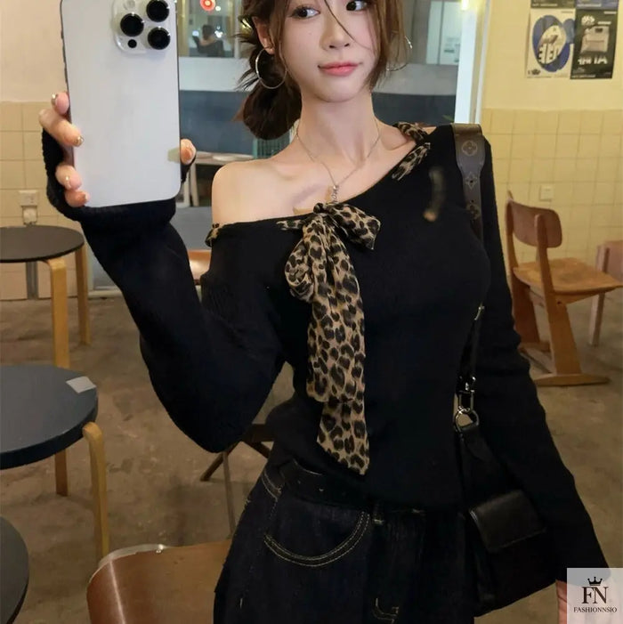 Off Shoulder Leopard Print Bow Top - Fashionnsio