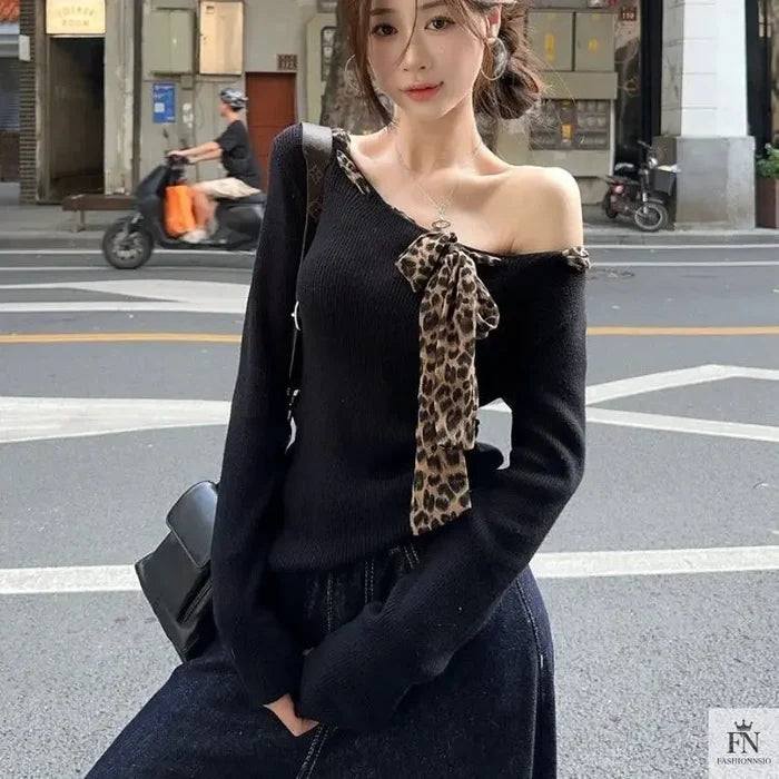Off Shoulder Leopard Print Bow Top - Fashionnsio