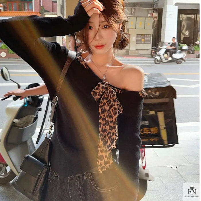 Off Shoulder Leopard Print Bow Top - Fashionnsio