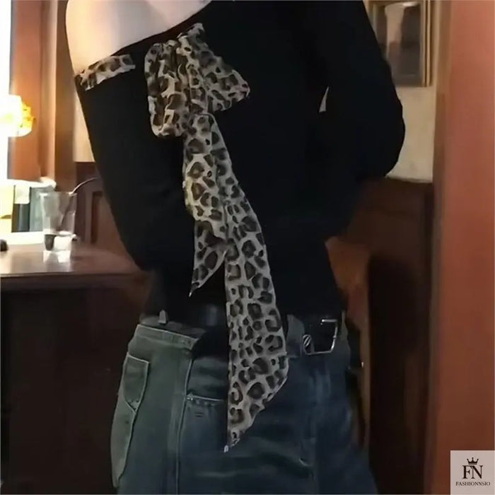 Off Shoulder Leopard Print Bow Top - Fashionnsio