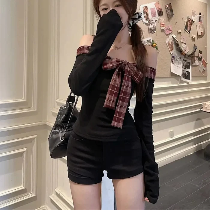 Off Shoulder Plaid Bow Top - Fashionnsio