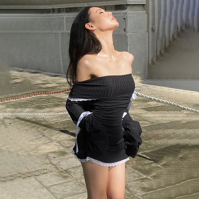 Bow Off-shoulder Ribbon Dress fashionnsio