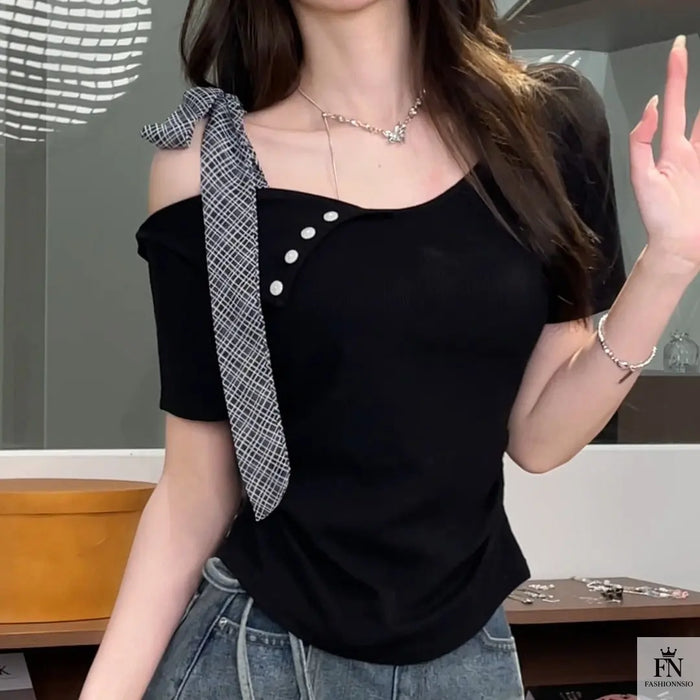 Off Shoulder Ribbon Bow Top - Fashionnsio