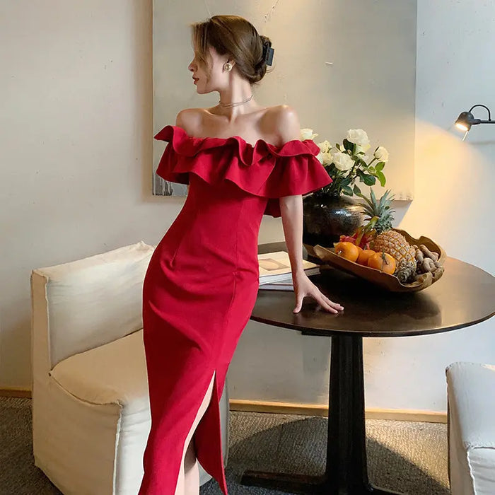 Off Shoulder Ruffle Bodycon Dress fashionnsio