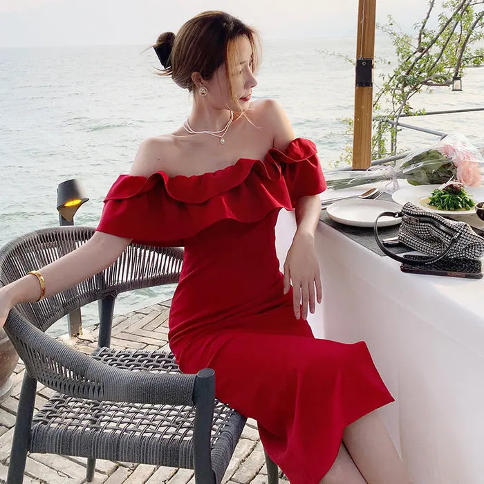 Off Shoulder Ruffle Bodycon Dress fashionnsio
