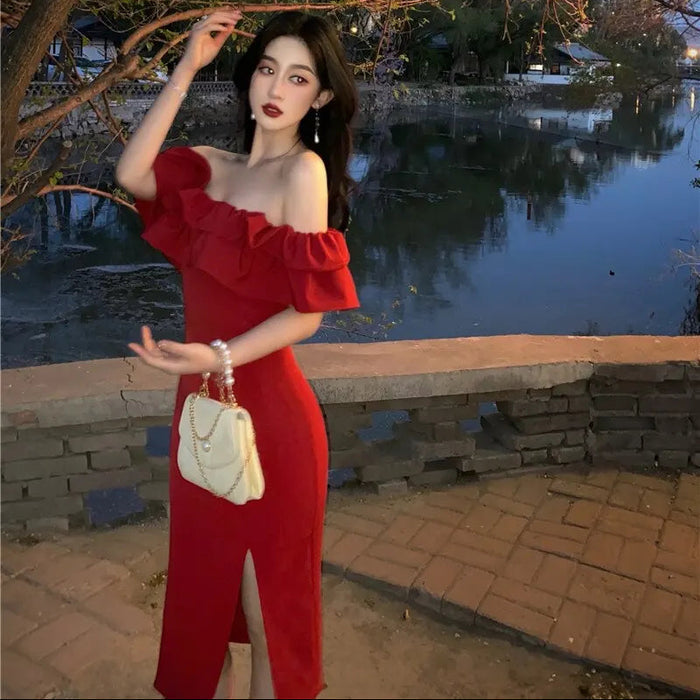 Off Shoulder Ruffle Bodycon Dress fashionnsio