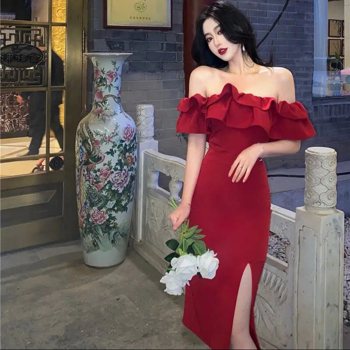 Off Shoulder Ruffle Bodycon Dress fashionnsio