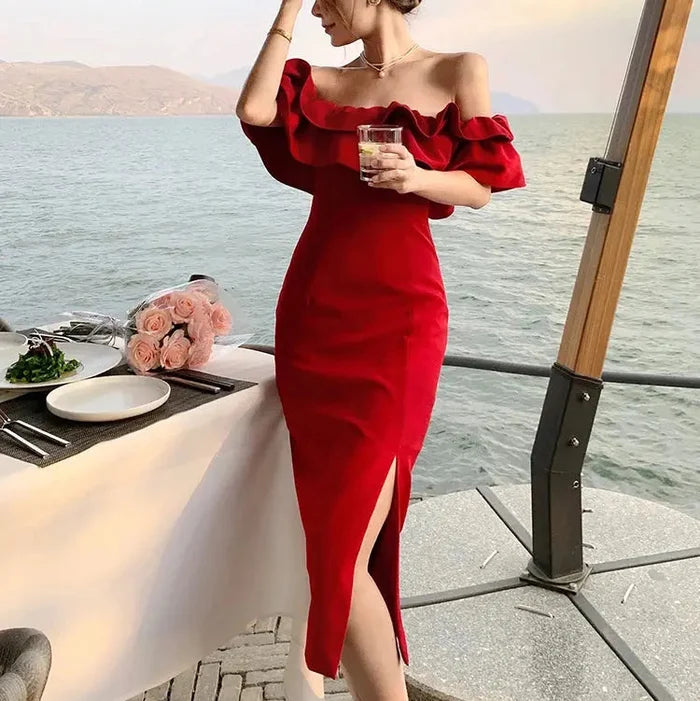 Off Shoulder Ruffle Bodycon Dress fashionnsio