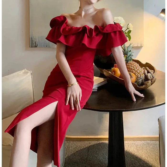 Off Shoulder Ruffle Bodycon Dress fashionnsio