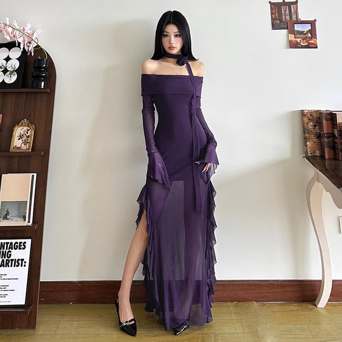 Off Shoulder Mesh Ruffle Dress - Fashionnsio