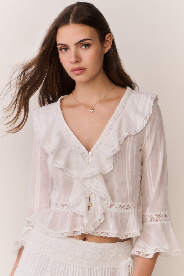 Woman wearing a white lace long sleeve blouse with ruffle trim and matching skirt against a plain background