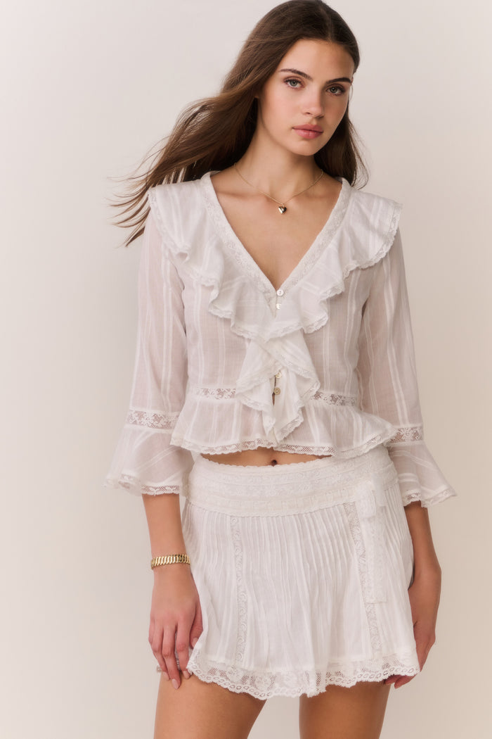 Woman wearing a white lace long sleeve blouse with ruffle trim and matching skirt against a plain background