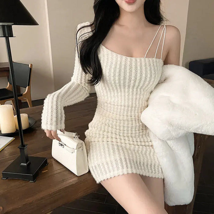 One Shoulder Knitted Bodycon Dress fashionnsio