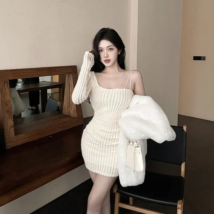 One Shoulder Knitted Bodycon Dress fashionnsio