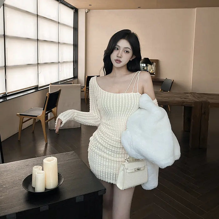 One Shoulder Knitted Bodycon Dress fashionnsio