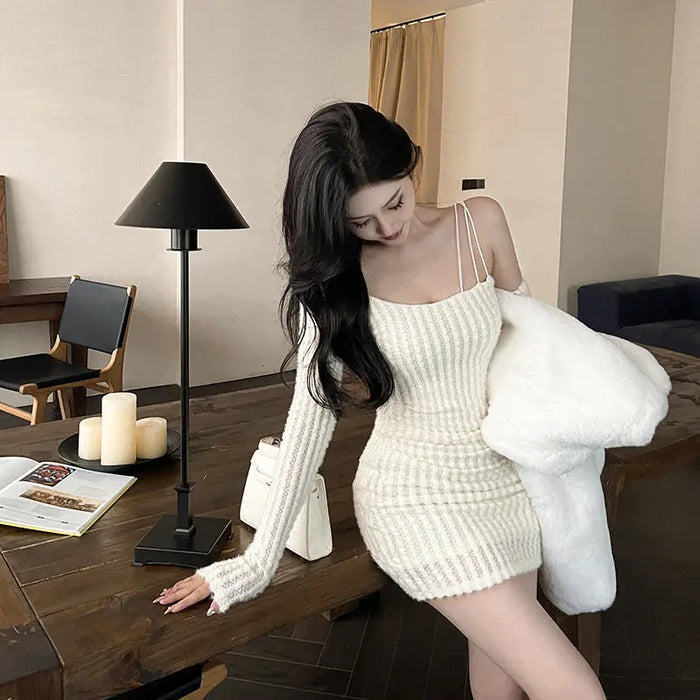 One Shoulder Knitted Bodycon Dress fashionnsio