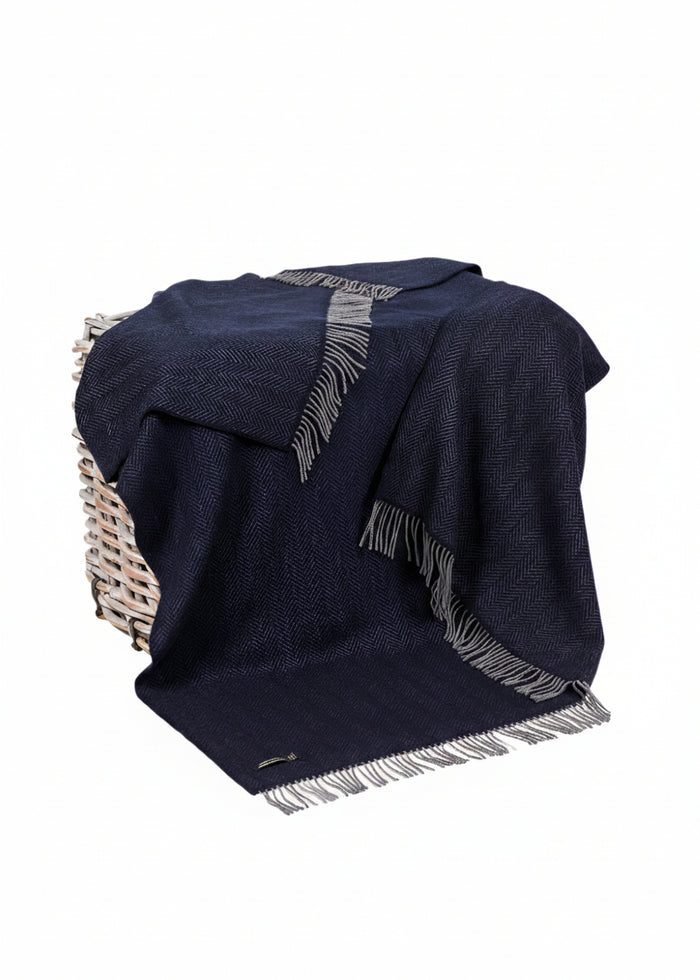 Oversize Merino Wool Cashmere Throw Dark Navy Herringbone