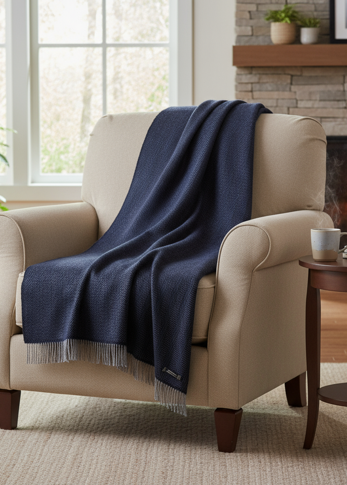 Oversize Merino Wool Cashmere Throw Dark Navy Herringbone