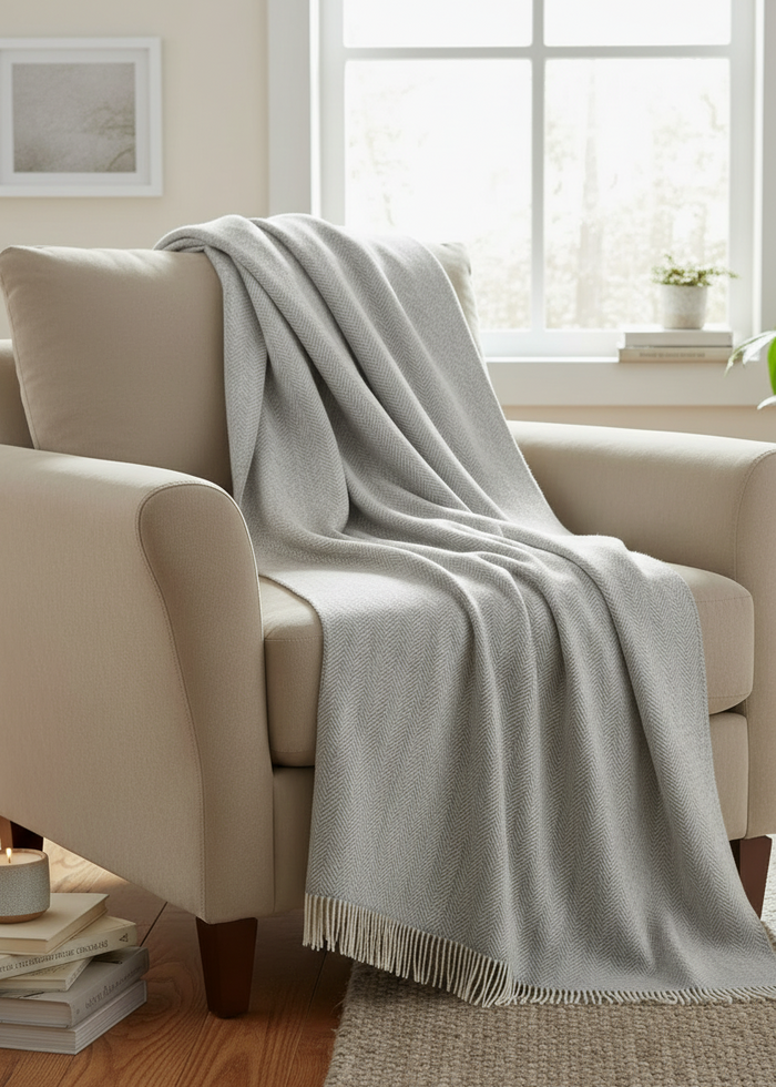 Oversize Merino Wool Cashmere Throw Pale Grey & Cream Herringbone