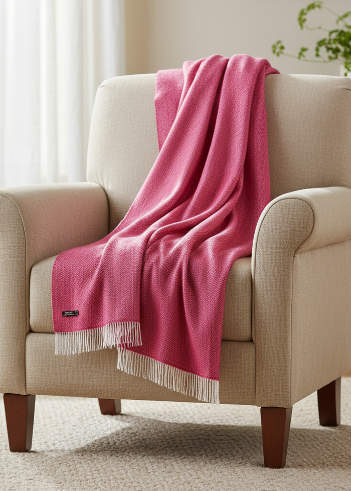 Oversized Merino Wool Cashmere Throw Raspberry Herringbone