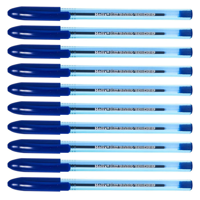 10 blue pens with clear barrels on a white background