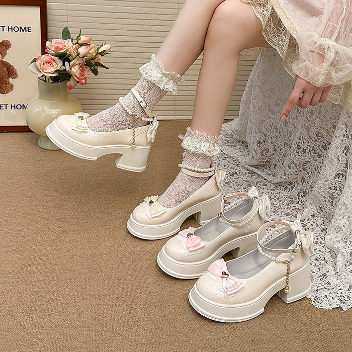 Pearl Bow Mary Janes Heels - Fashionnsio