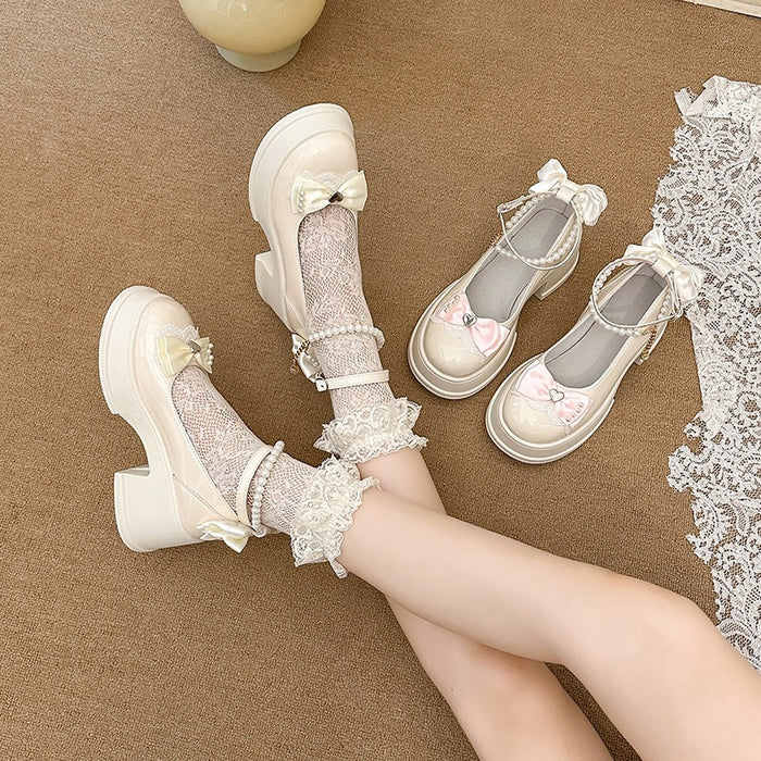 Pearl Bow Mary Janes Heels - Fashionnsio