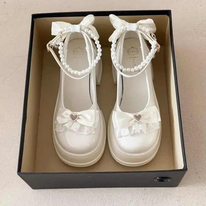 Pearl Bow Mary Janes Heels - Fashionnsio
