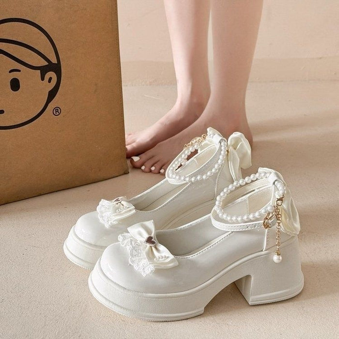 Pearl Bow Mary Janes Heels - Fashionnsio