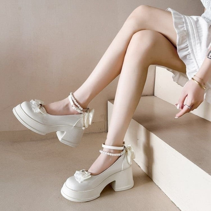 Pearl Bow Mary Janes Heels - Fashionnsio