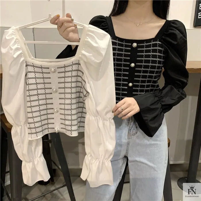Pearl Button Puff Sleeve Top - Fashionnsio