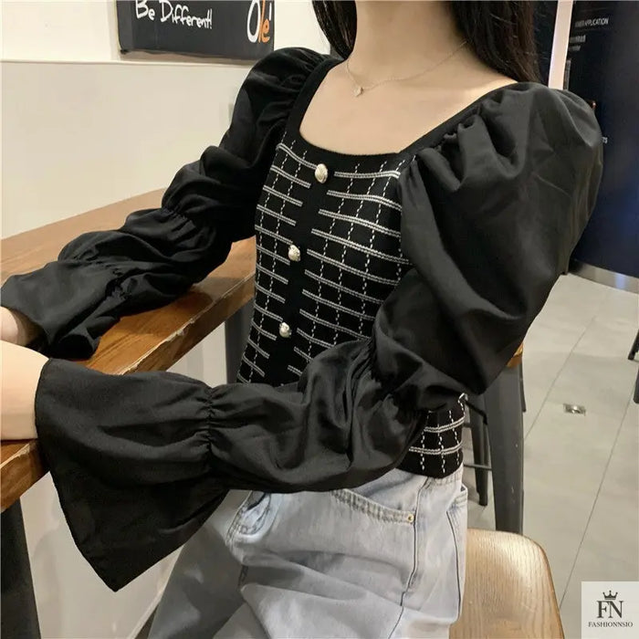 Pearl Button Puff Sleeve Top - Fashionnsio