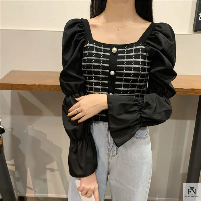 Pearl Button Puff Sleeve Top - Fashionnsio