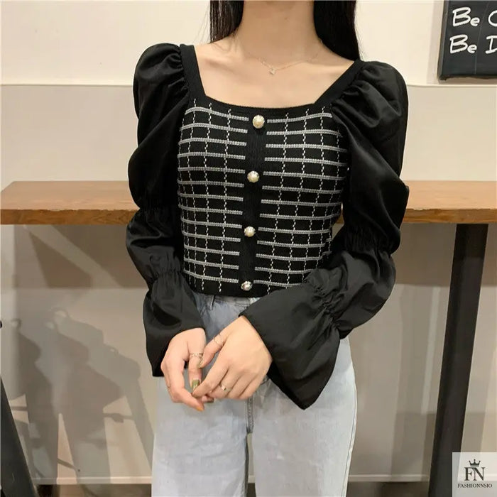 Pearl Button Puff Sleeve Top - Fashionnsio
