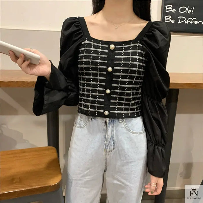 Pearl Button Puff Sleeve Top - Fashionnsio