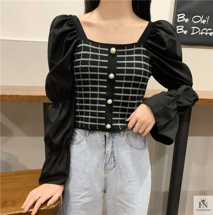Pearl Button Puff Sleeve Top - Fashionnsio