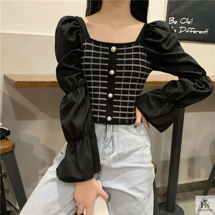 Pearl Button Puff Sleeve Top - Fashionnsio
