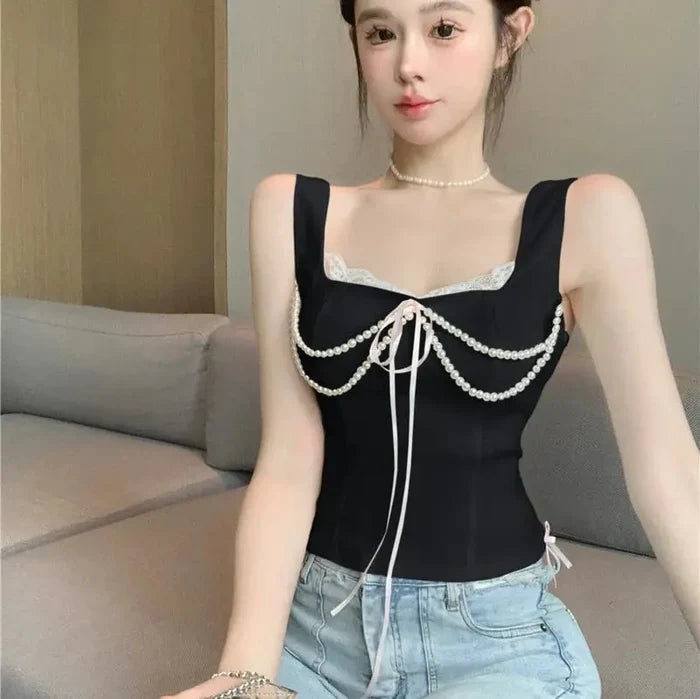 Pearl Bow Lace Coquette Top fashionnsio