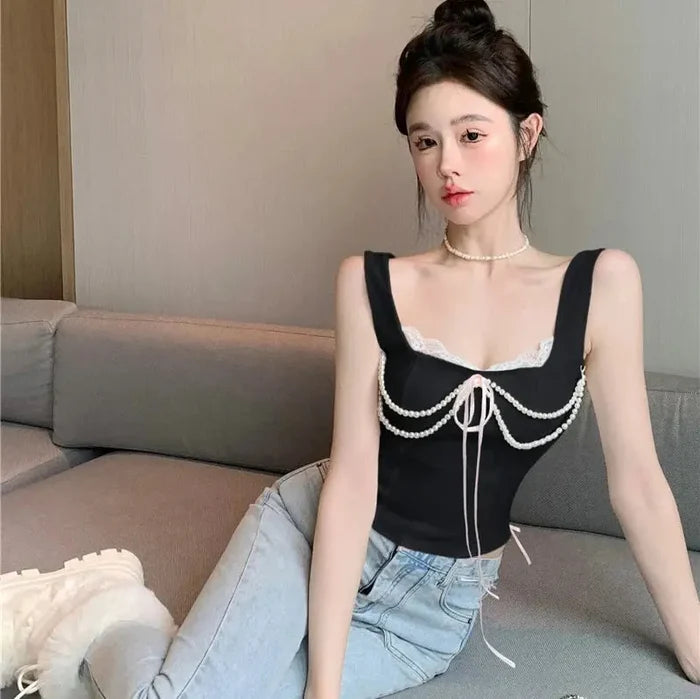 Pearl Bow Lace Coquette Top fashionnsio