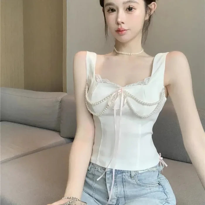 Pearl Bow Lace Coquette Top fashionnsio