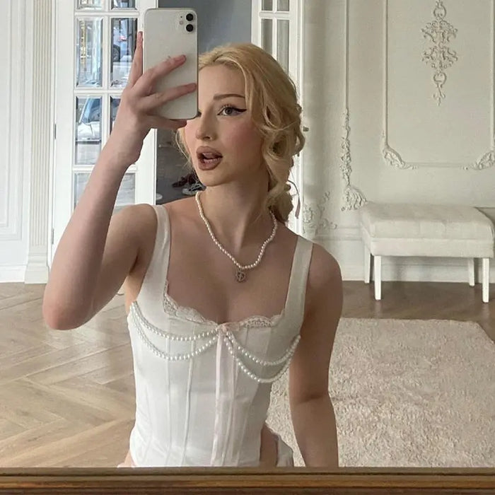 Pearl Bow Lace Coquette Top fashionnsio