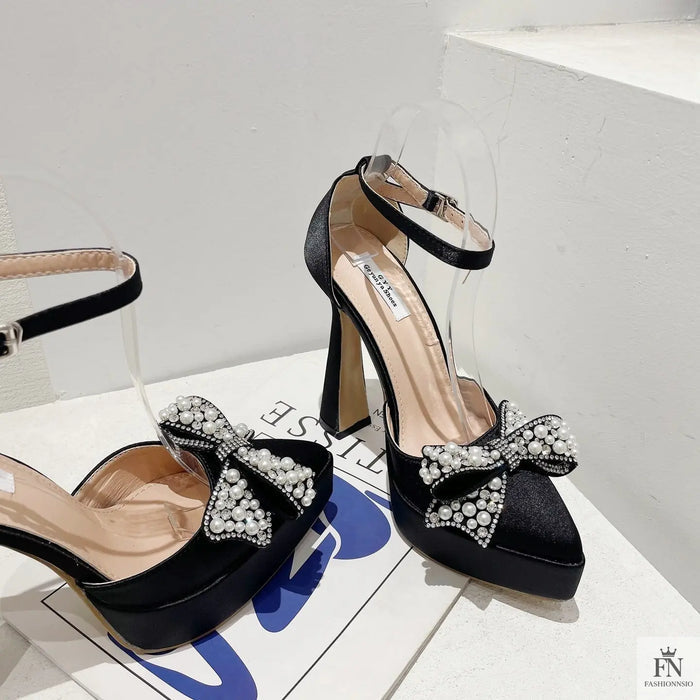 Pearl Crystal Bow Platform Pointed Heels - Fashionnsio