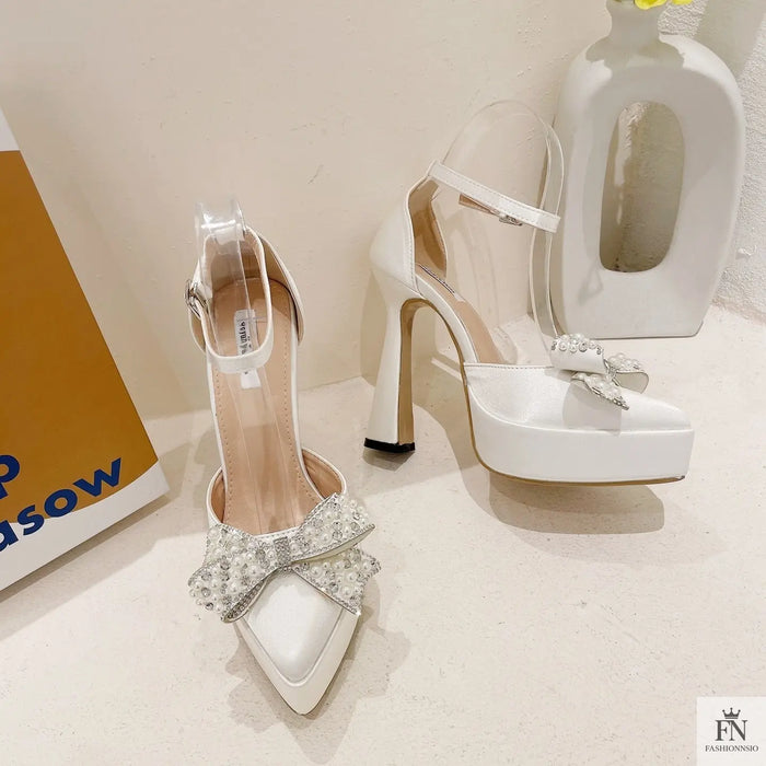 Pearl Crystal Bow Platform Pointed Heels - Fashionnsio