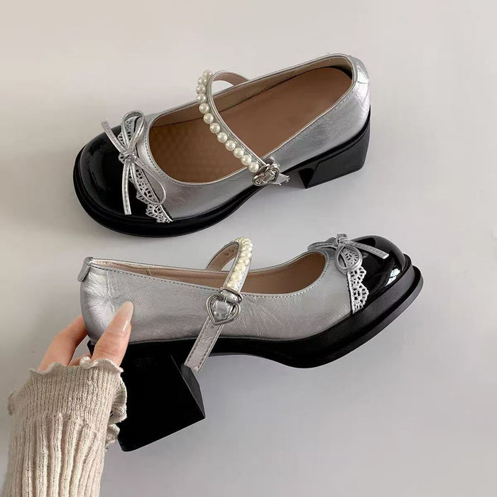 Pearl Strap Bow Chunky Heels - Fashionnsio