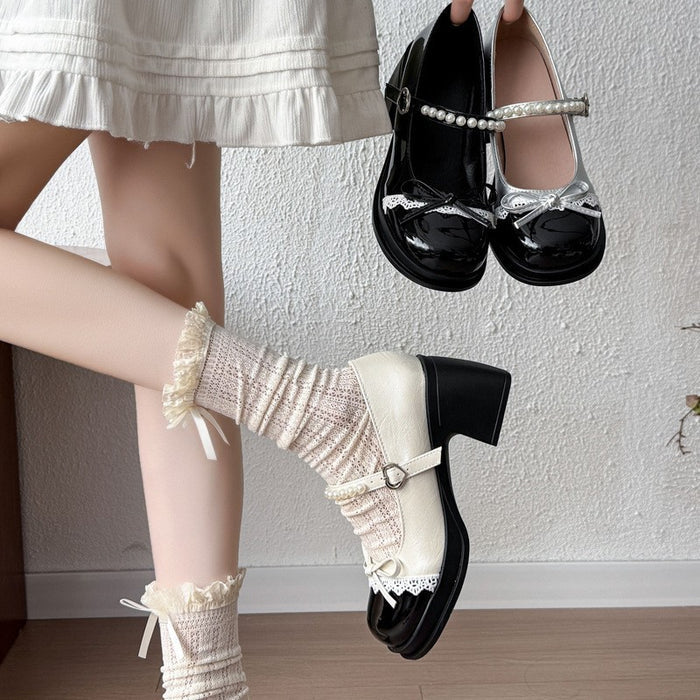 Pearl Strap Bow Chunky Heels - Fashionnsio