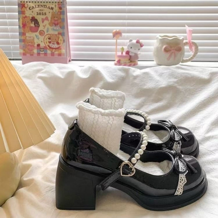 Pearl Strap Bow Chunky Heels - Fashionnsio