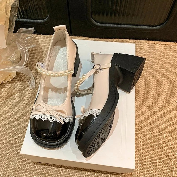 Pearl Strap Bow Chunky Heels - Fashionnsio