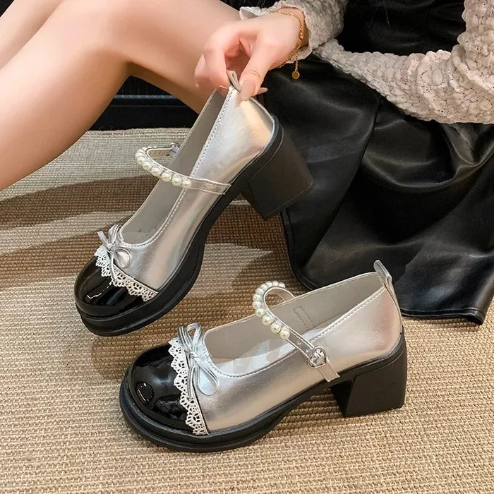 Pearl Strap Bow Chunky Heels - Fashionnsio