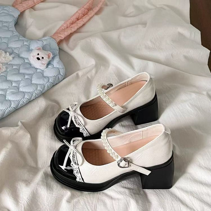 Pearl Strap Bow Chunky Heels - Fashionnsio